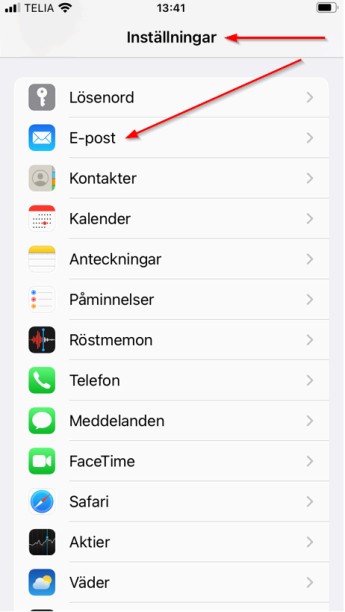 iPhone inställningar - E-post